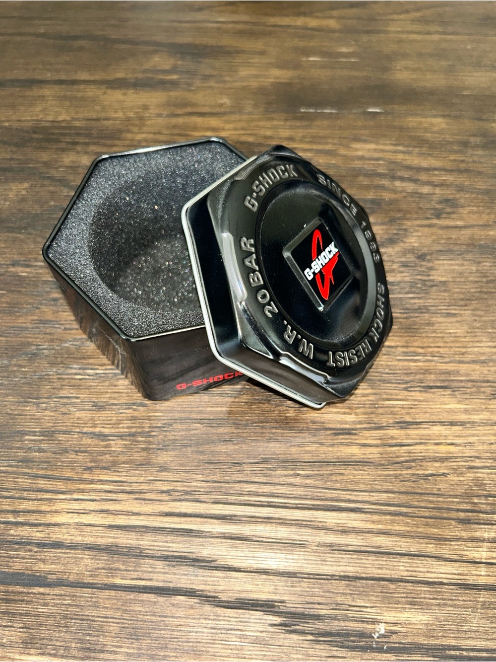G-Shock Black Metal Hex Tin with Red Logo